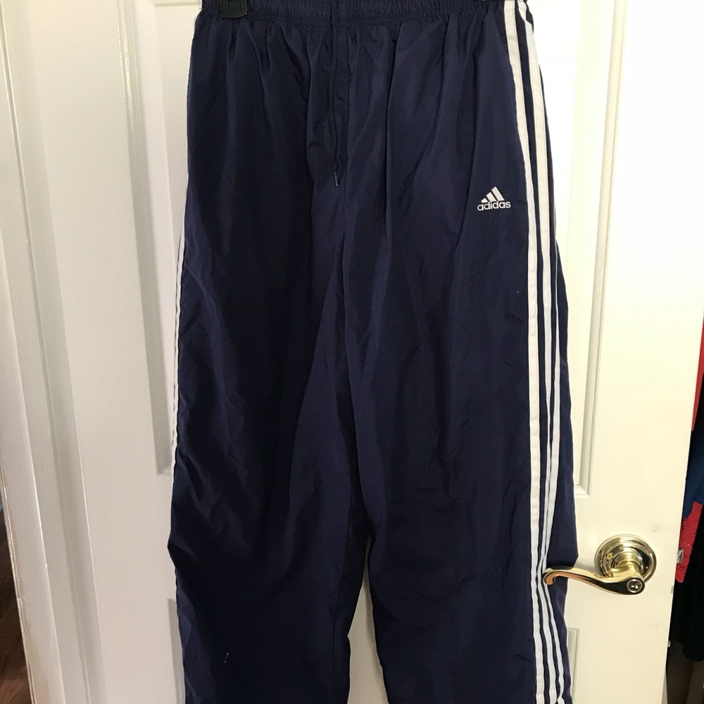 Navy blue and white striped sweat pants